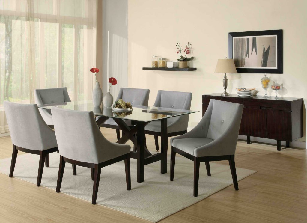 Picture of Stylish Dining Tables with Drapery Stacked Chairs
