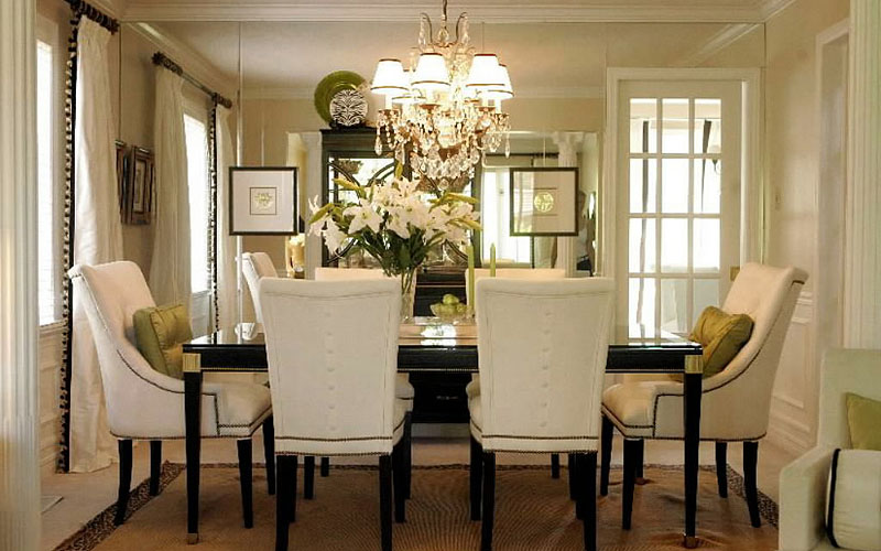 Picture of Stylish Dining Tables with Drapery Stacked Chairs