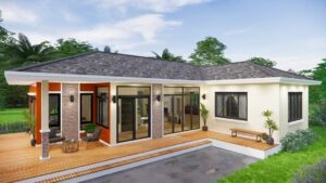 Picture of a Modern L-shaped Bungalow House in Cool and Warm Tones