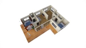 Picture of a Modern L-shaped Bungalow House in Cool and Warm Tones